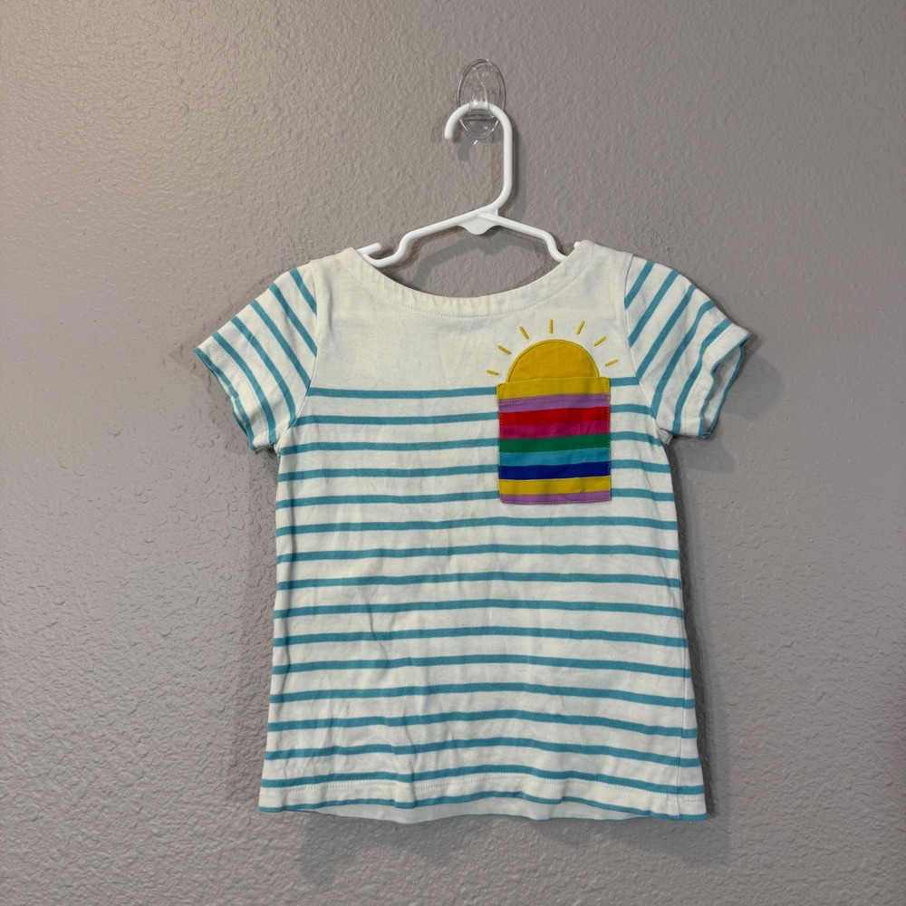 Boden Girl's‎ Size 3-4Y White/Blue Striped Sun Rainbow Pocket T-Shirt